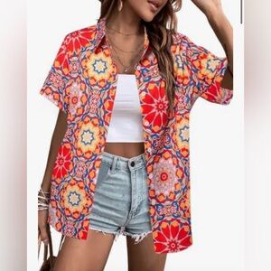 NEW 60s 70s Disco Hippie Shirt Retro Floral Short Sleeve Hawaiian Button Up XL